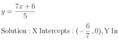The y=(7x+6)/5 is X Intercepts: (-6/7 ,0),Y Intercepts: (0, 6/5)